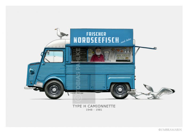 Fischverkäufer Nordsee mit Möwen 2