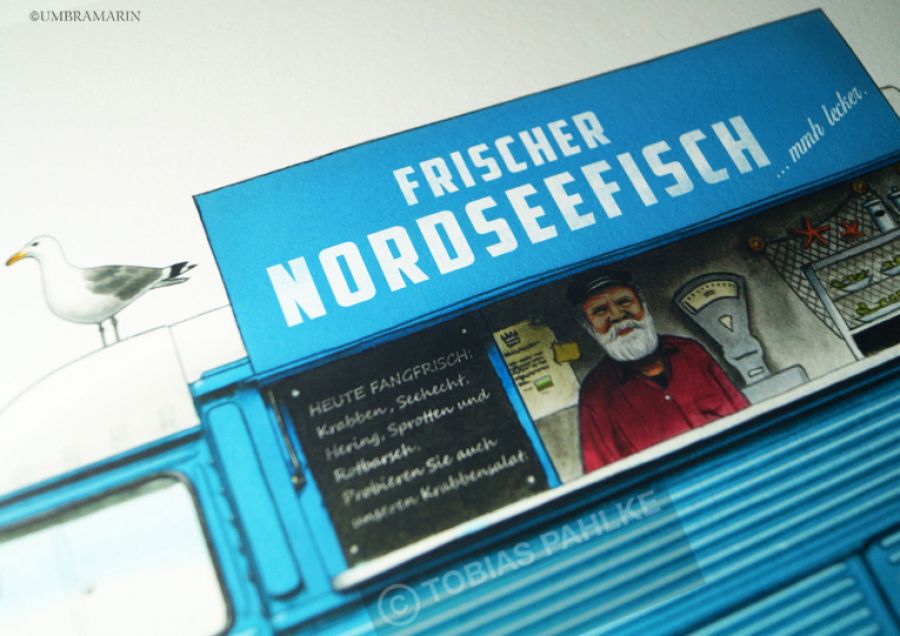 Fischverkäufer Nordsee mit Möwen - Detail 3